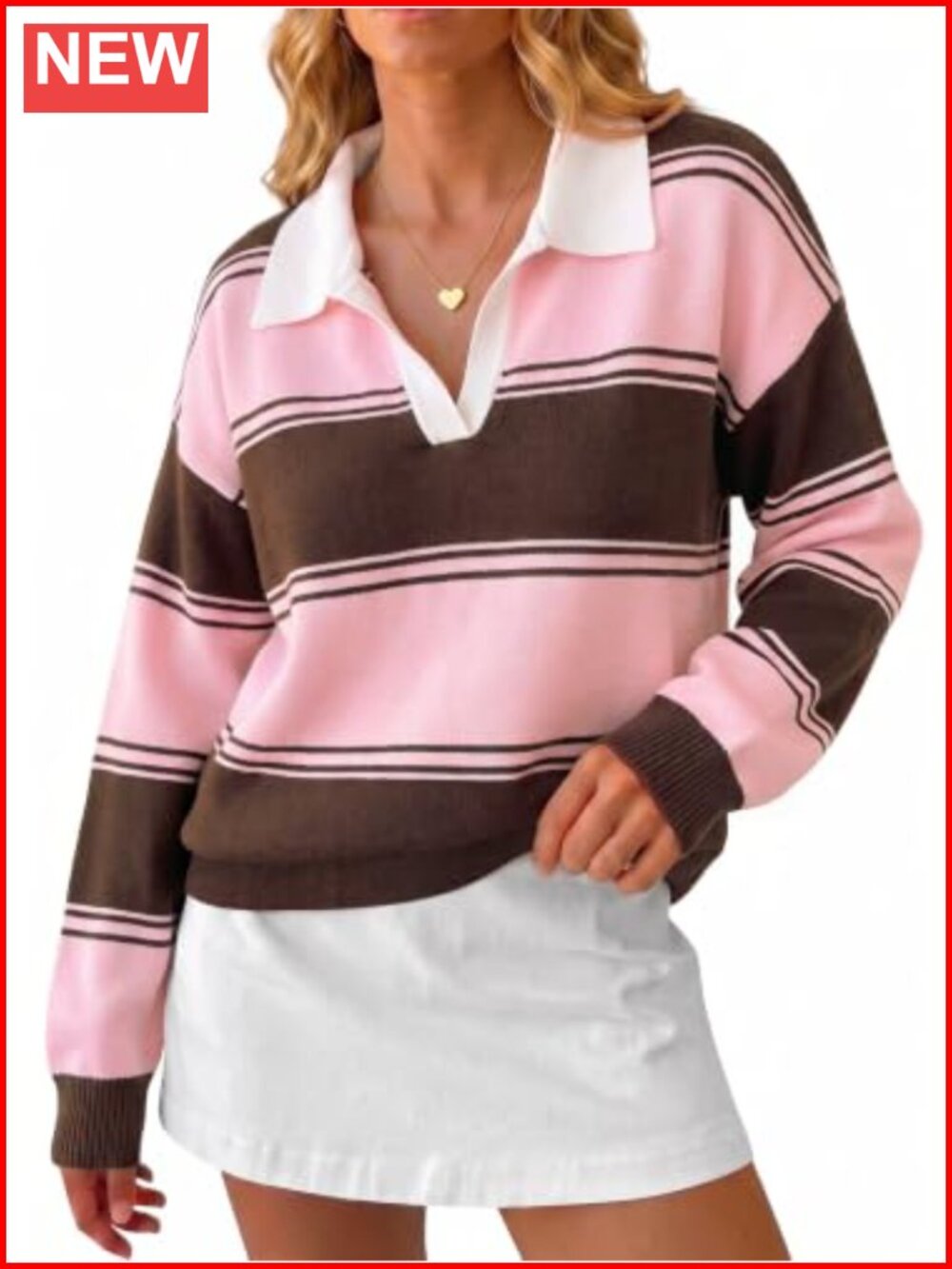 Striped Knit Polo Sweater V Neck Long Sleeve Pullover